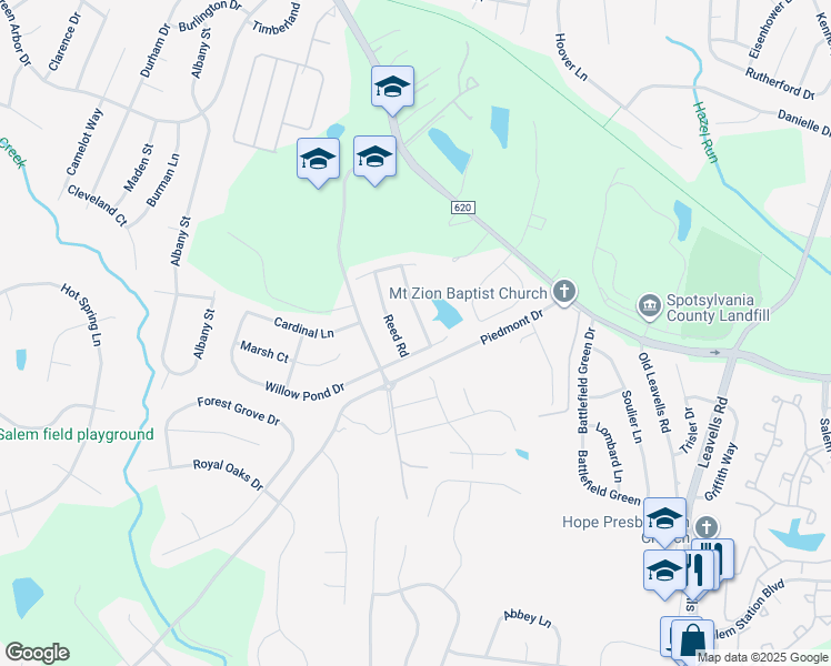 map of restaurants, bars, coffee shops, grocery stores, and more near 11402 Kimberley Lane in Fredericksburg