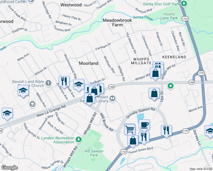 map of restaurants, bars, coffee shops, grocery stores, and more near 9407 La Grange Road in Louisville