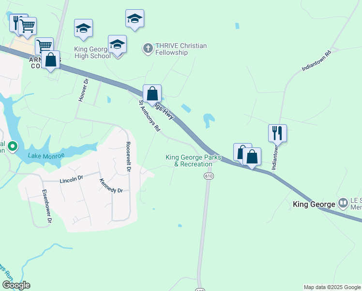 map of restaurants, bars, coffee shops, grocery stores, and more near 9028 Saint Anthonys Road in King George
