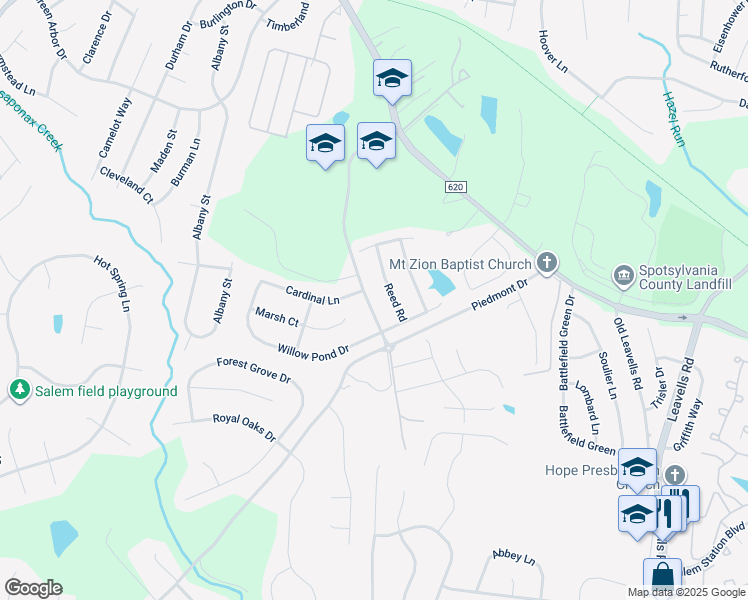 map of restaurants, bars, coffee shops, grocery stores, and more near 11411 Chancellor Park Drive in Fredericksburg