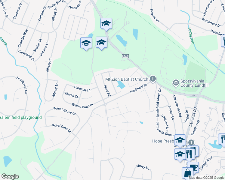 map of restaurants, bars, coffee shops, grocery stores, and more near 11402 Kimberley Lane in Fredericksburg