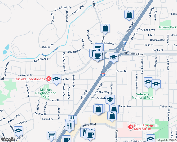 map of restaurants, bars, coffee shops, grocery stores, and more near 2160 Clipper Ship Drive in Fairfield