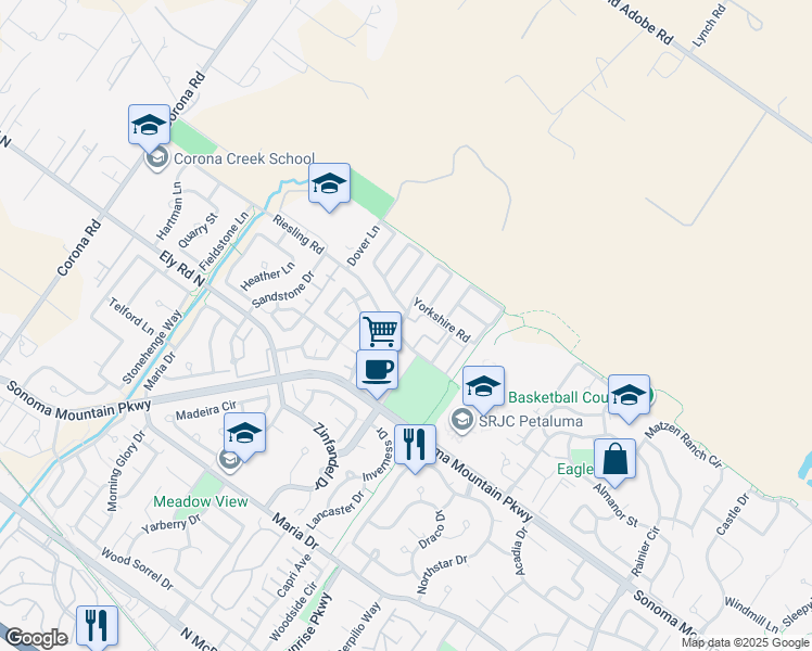 map of restaurants, bars, coffee shops, grocery stores, and more near 1900 Sestri Lane in Petaluma