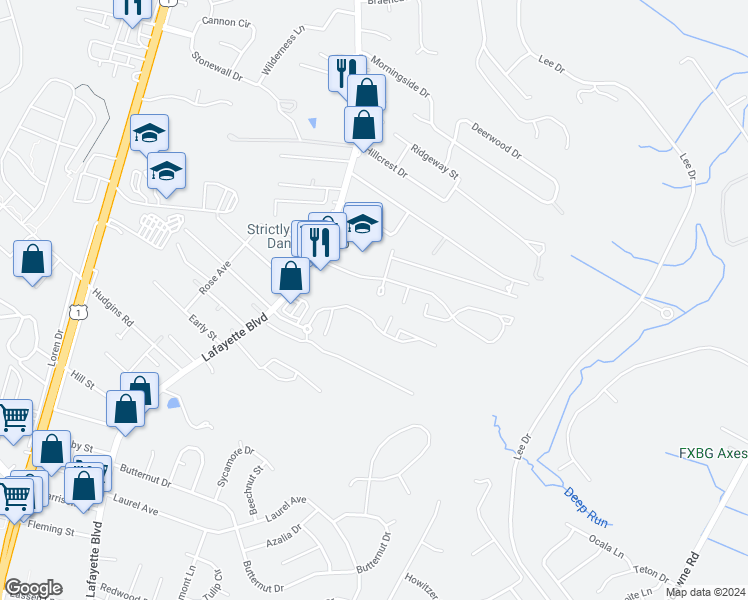 map of restaurants, bars, coffee shops, grocery stores, and more near 10 Farrell Lane in Fredericksburg
