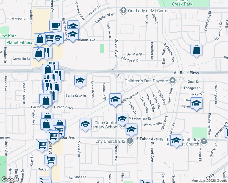 map of restaurants, bars, coffee shops, grocery stores, and more near 2219 Dover Avenue in Fairfield