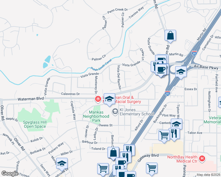 map of restaurants, bars, coffee shops, grocery stores, and more near 2751 Vista Buena in Fairfield