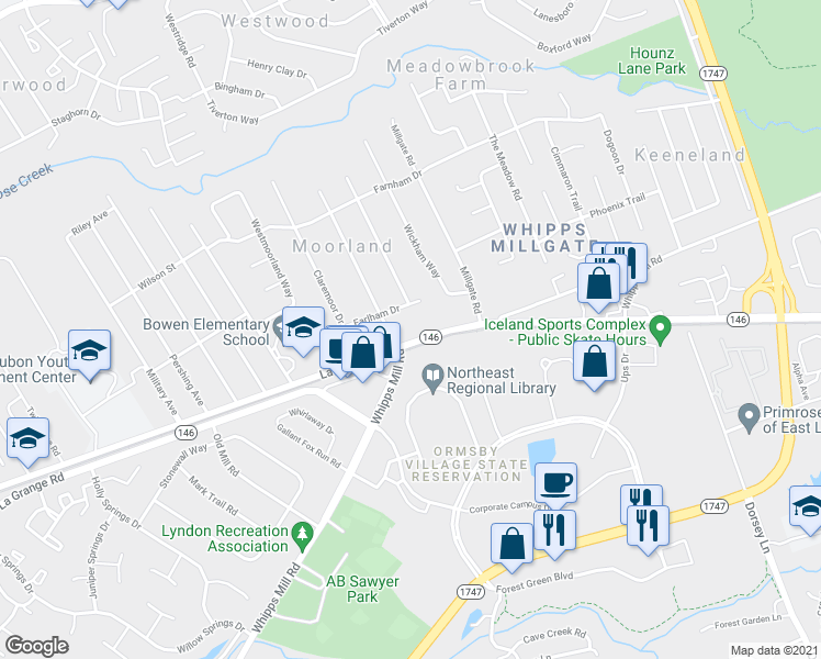 map of restaurants, bars, coffee shops, grocery stores, and more near 1607 Ashmoor Lane in Louisville
