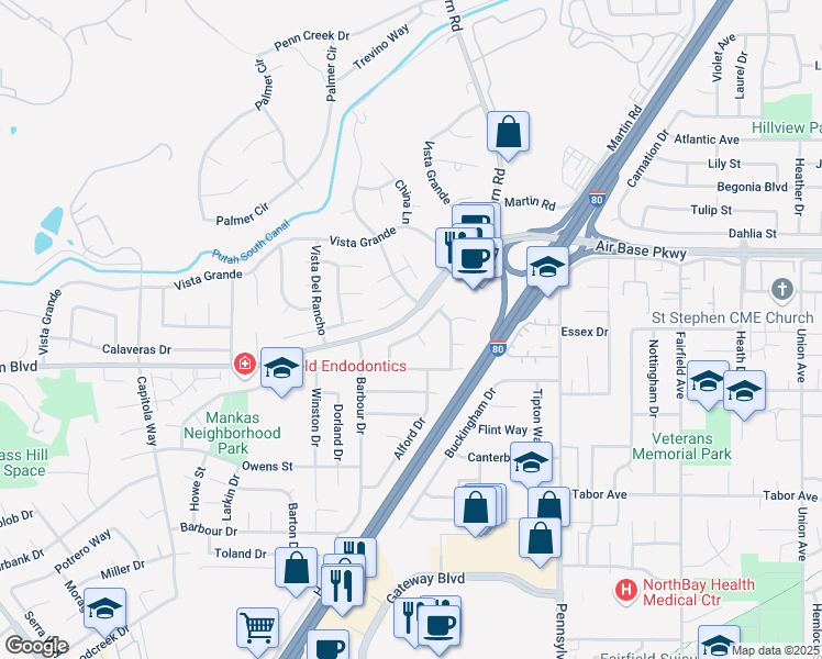 map of restaurants, bars, coffee shops, grocery stores, and more near 2151 Clipper Ship Drive in Fairfield