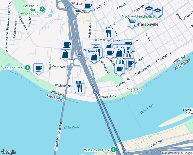 map of restaurants, bars, coffee shops, grocery stores, and more near 425 West Maple Street in Jeffersonville