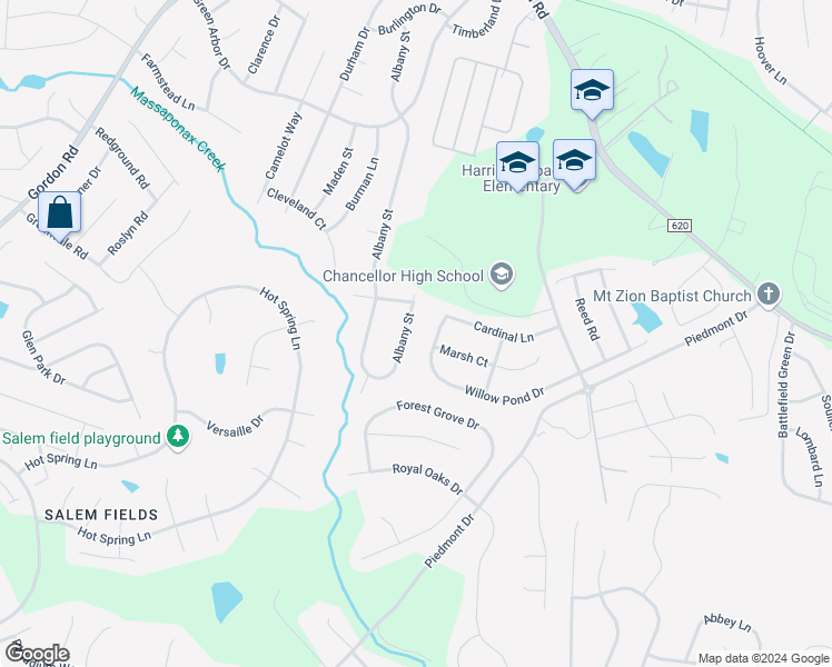 map of restaurants, bars, coffee shops, grocery stores, and more near 441 Albany Street in Fredericksburg