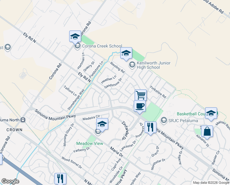 map of restaurants, bars, coffee shops, grocery stores, and more near 741 Mayflower Street in Petaluma