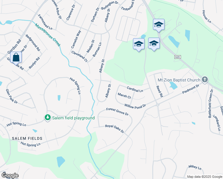 map of restaurants, bars, coffee shops, grocery stores, and more near 441 Albany Street in Fredericksburg