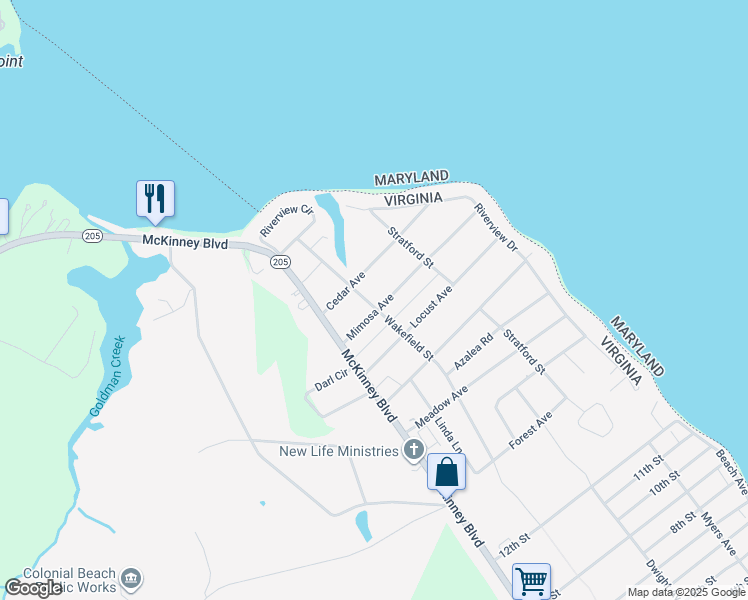 map of restaurants, bars, coffee shops, grocery stores, and more near 221 Mimosa Avenue in Colonial Beach
