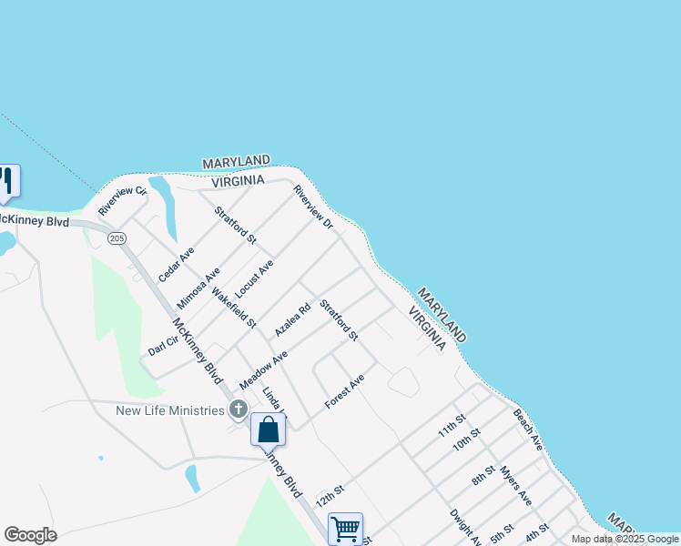 map of restaurants, bars, coffee shops, grocery stores, and more near 79 Azalea Road in Colonial Beach