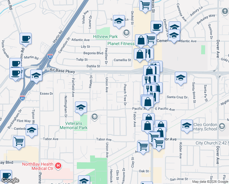 map of restaurants, bars, coffee shops, grocery stores, and more near 2383 Ellen Court in Fairfield