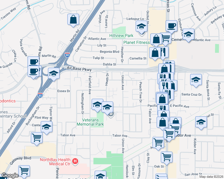 map of restaurants, bars, coffee shops, grocery stores, and more near 2297 Wareham Court in Fairfield