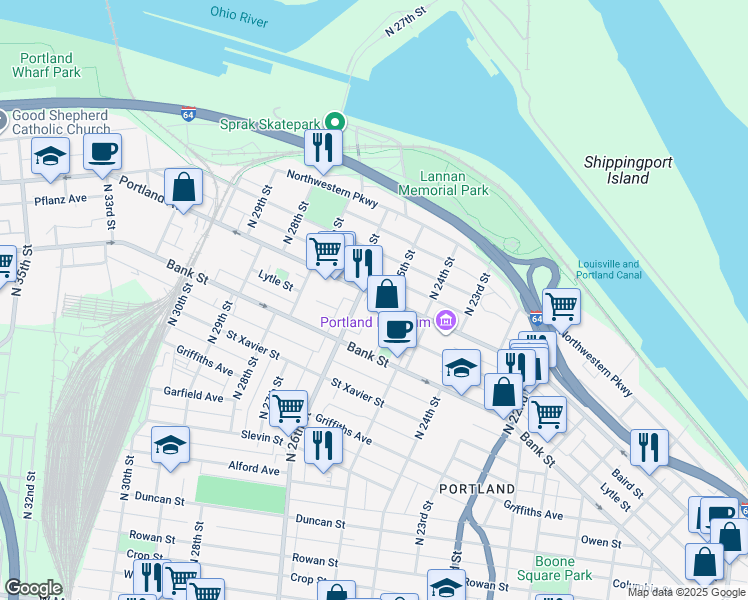 map of restaurants, bars, coffee shops, grocery stores, and more near 2515 Portland Avenue in Louisville