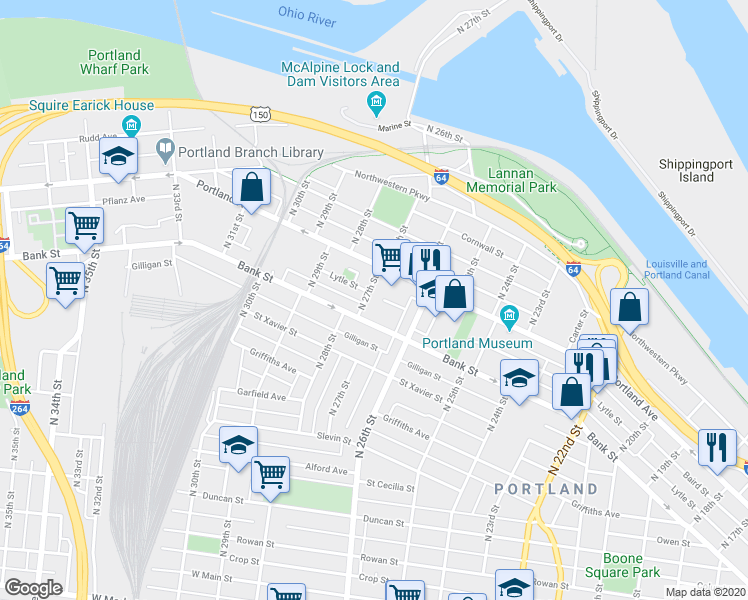 map of restaurants, bars, coffee shops, grocery stores, and more near 525 North 27th Street in Louisville