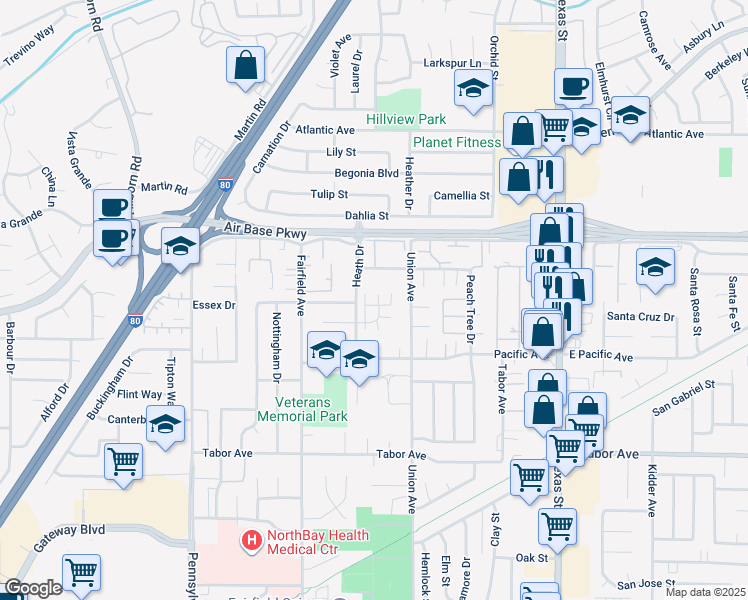 map of restaurants, bars, coffee shops, grocery stores, and more near 2289 Rutland Court in Fairfield