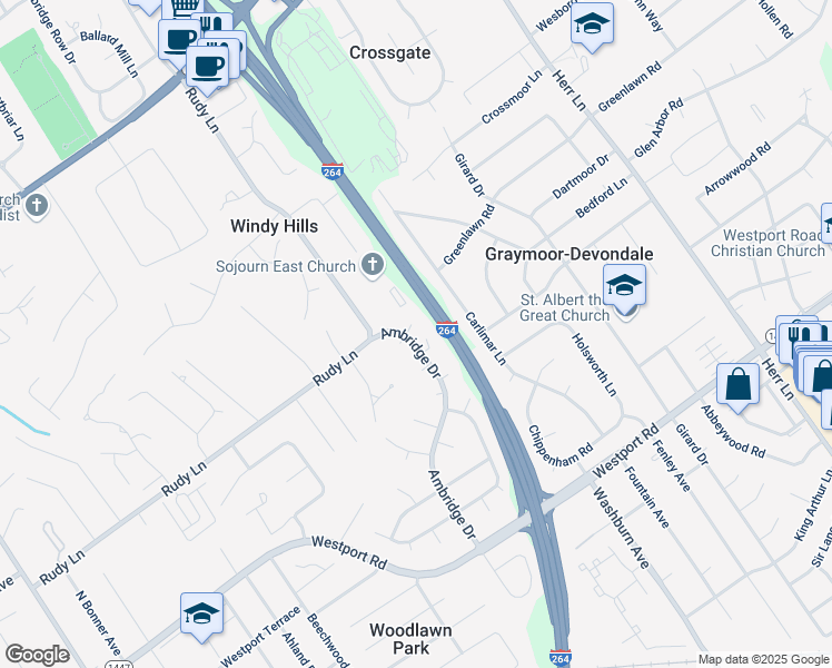 map of restaurants, bars, coffee shops, grocery stores, and more near 6810 Taxham Court in Louisville