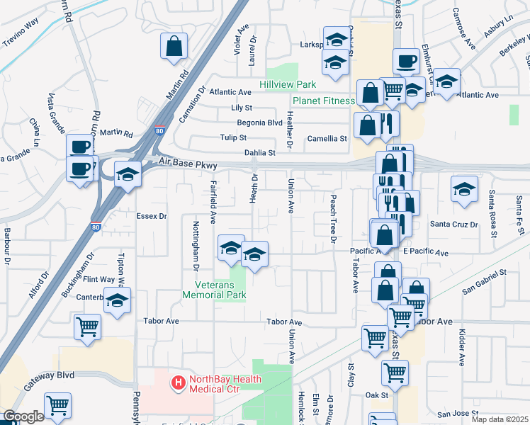 map of restaurants, bars, coffee shops, grocery stores, and more near 2289 Rutland Court in Fairfield