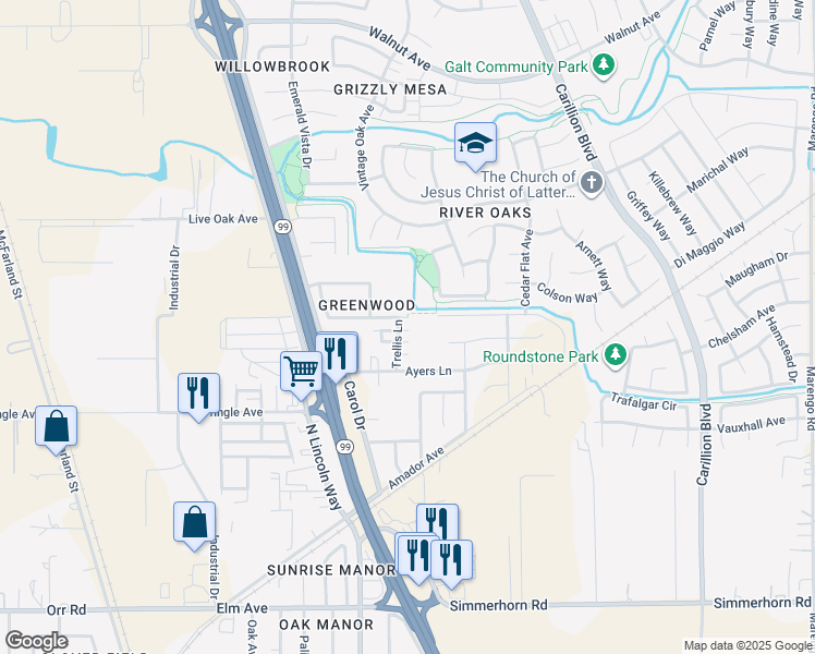 map of restaurants, bars, coffee shops, grocery stores, and more near 845 Tranquil Lane in Galt