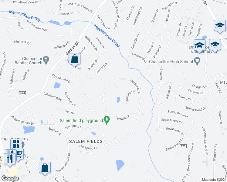 map of restaurants, bars, coffee shops, grocery stores, and more near 11302 Currituck Court in Fredericksburg