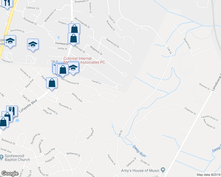 map of restaurants, bars, coffee shops, grocery stores, and more near 225 Farrell Lane in Fredericksburg