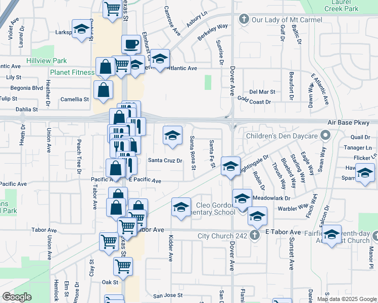 map of restaurants, bars, coffee shops, grocery stores, and more near 2261 Santa Rosa Street in Fairfield