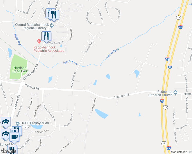 map of restaurants, bars, coffee shops, grocery stores, and more near 5601 Harrison Road in Fredericksburg
