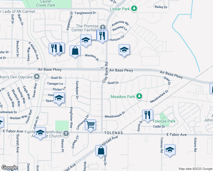 map of restaurants, bars, coffee shops, grocery stores, and more near 1324 Holmes Court in Fairfield