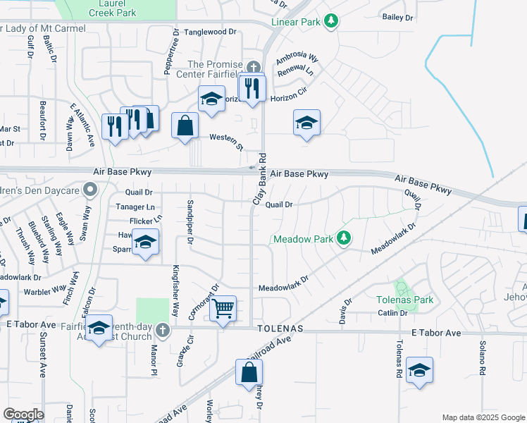 map of restaurants, bars, coffee shops, grocery stores, and more near 1324 Holmes Court in Fairfield
