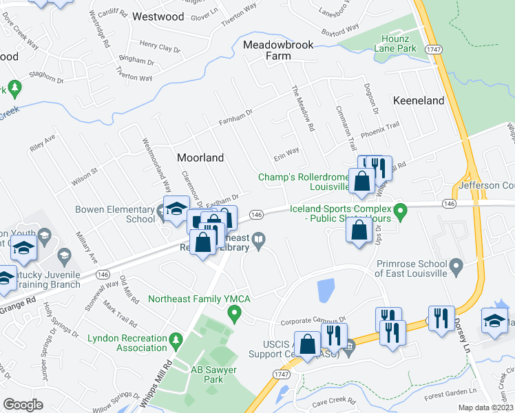 map of restaurants, bars, coffee shops, grocery stores, and more near 9413 La Grange Road in Louisville