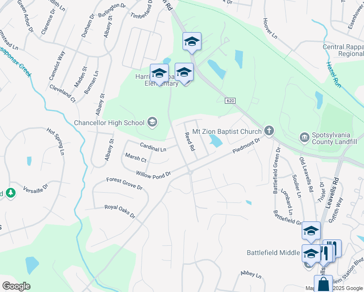 map of restaurants, bars, coffee shops, grocery stores, and more near 11413 Chancellor Park Drive in Fredericksburg
