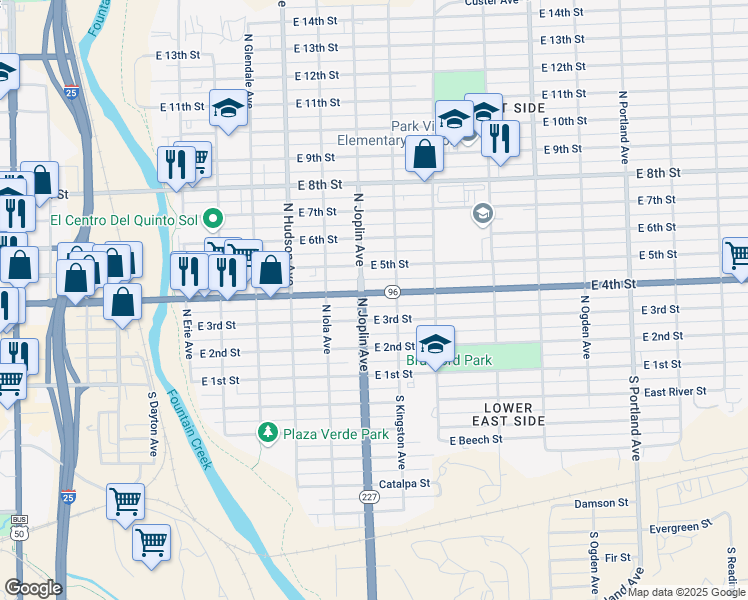 map of restaurants, bars, coffee shops, grocery stores, and more near 1108 East 4th Street in Pueblo