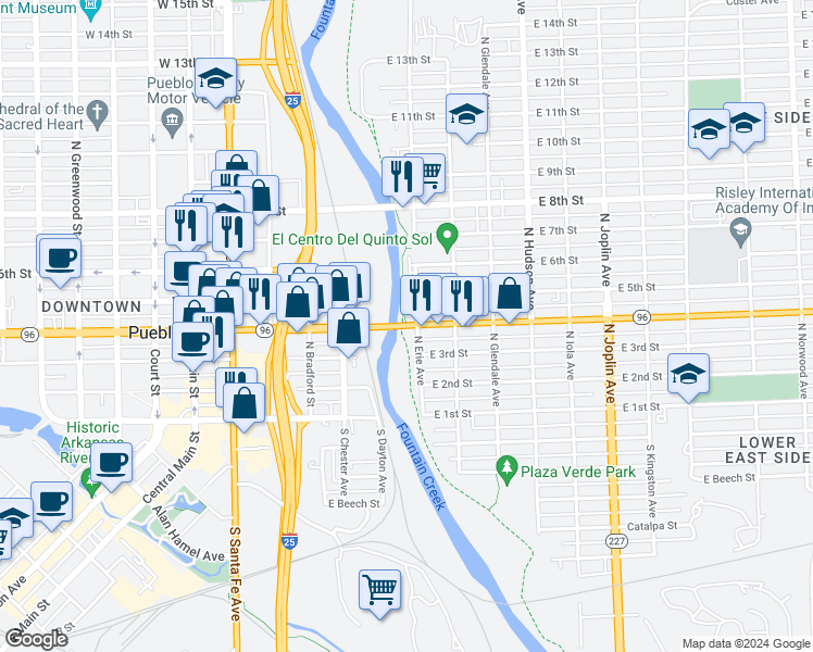 map of restaurants, bars, coffee shops, grocery stores, and more near 512 East 4th Street in Pueblo