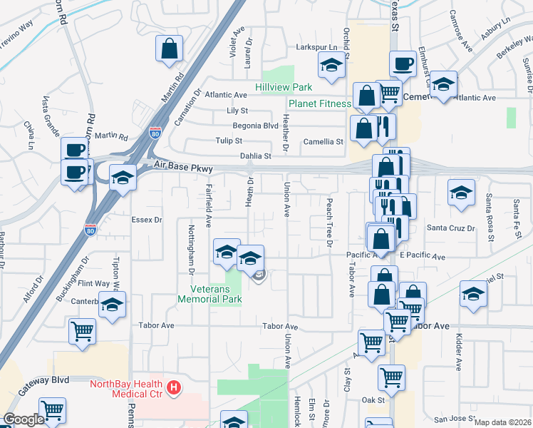 map of restaurants, bars, coffee shops, grocery stores, and more near 2297 Wareham Court in Fairfield