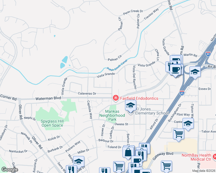 map of restaurants, bars, coffee shops, grocery stores, and more near 2143 Trinidad Place in Fairfield