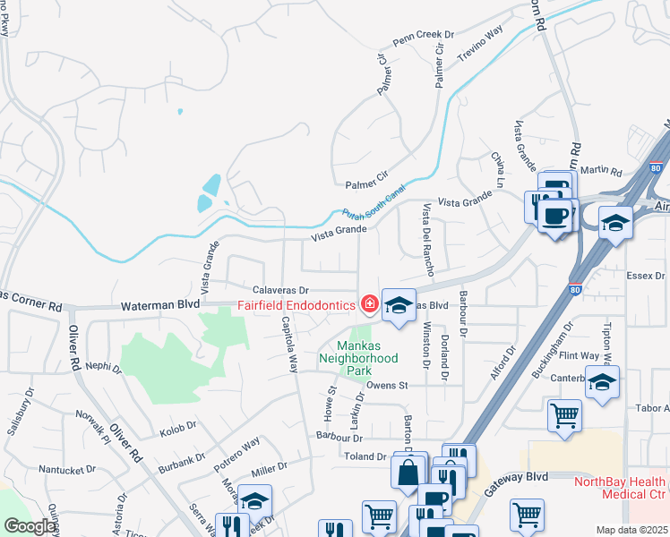 map of restaurants, bars, coffee shops, grocery stores, and more near 2143 Trinidad Place in Fairfield