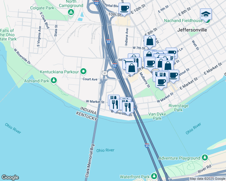 map of restaurants, bars, coffee shops, grocery stores, and more near 300-398 Southern Indiana Avenue in Jeffersonville