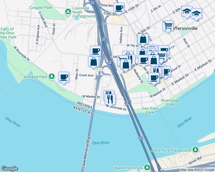 map of restaurants, bars, coffee shops, grocery stores, and more near 300-398 Southern Indiana Avenue in Jeffersonville