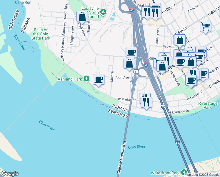 map of restaurants, bars, coffee shops, grocery stores, and more near 1435 Woerner Avenue in Clarksville
