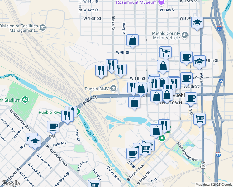 map of restaurants, bars, coffee shops, grocery stores, and more near 805 West 4th Street in Pueblo