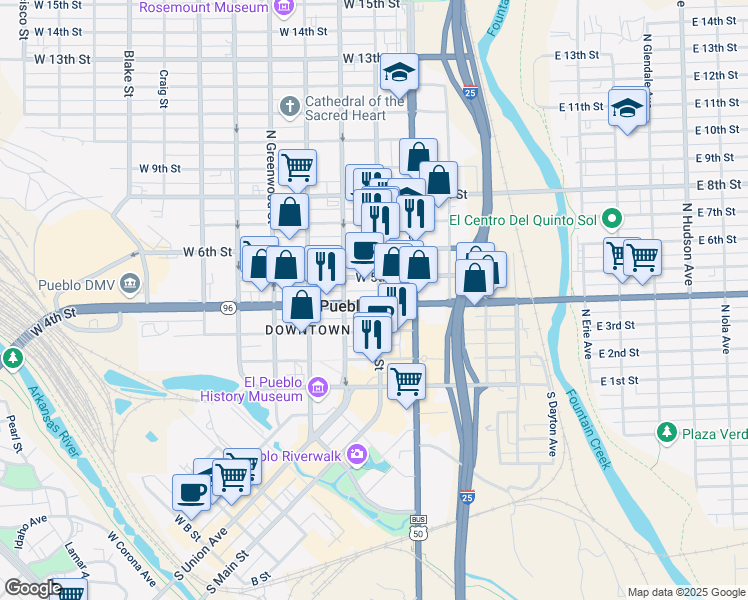 map of restaurants, bars, coffee shops, grocery stores, and more near 401 North Main Street in Pueblo