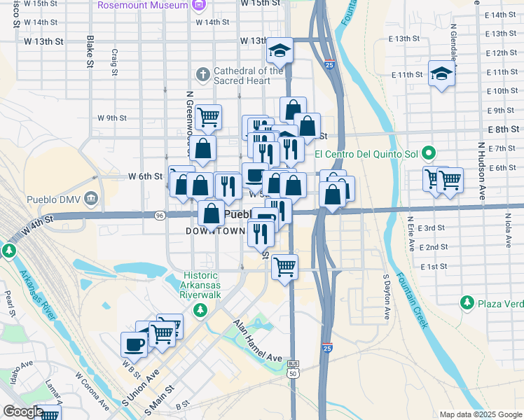 map of restaurants, bars, coffee shops, grocery stores, and more near 401 North Main Street in Pueblo