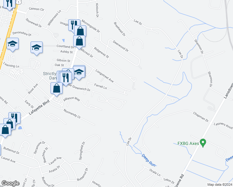 map of restaurants, bars, coffee shops, grocery stores, and more near 217 Farrell Lane in Fredericksburg