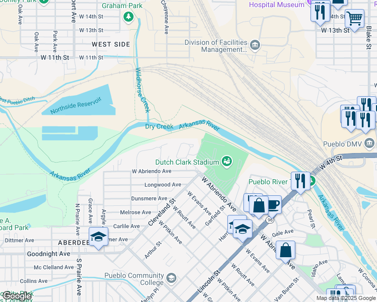 map of restaurants, bars, coffee shops, grocery stores, and more near 174 Marian Drive in Pueblo