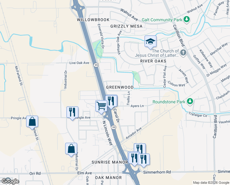 map of restaurants, bars, coffee shops, grocery stores, and more near 816 Lyonia Drive in Galt