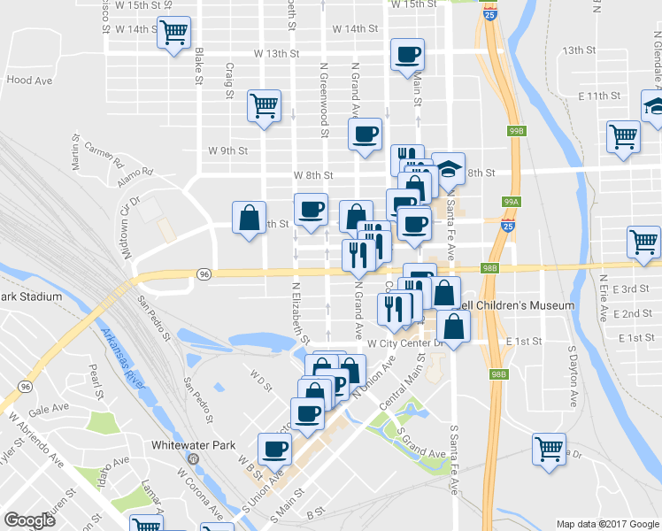 map of restaurants, bars, coffee shops, grocery stores, and more near 404 North Greenwood Street in Pueblo