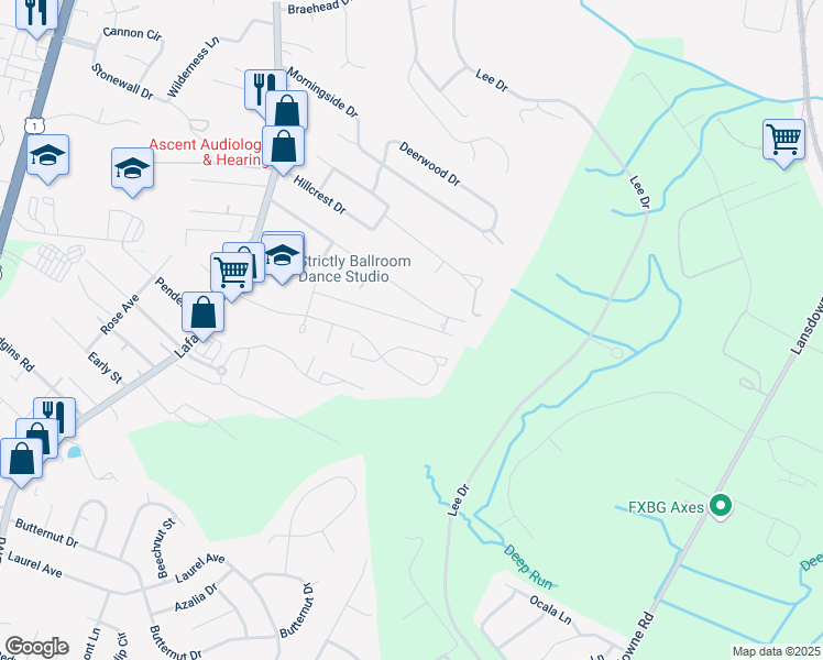 map of restaurants, bars, coffee shops, grocery stores, and more near 213 Farrell Lane in Fredericksburg